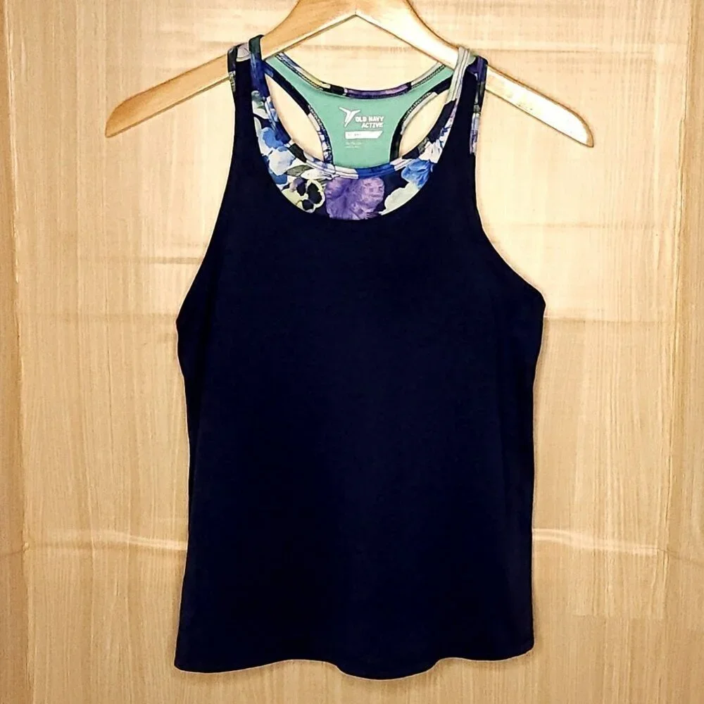 Old Navy Girls Navy Blue Athletic Tank Top Built-in Floral Sports Bra 14